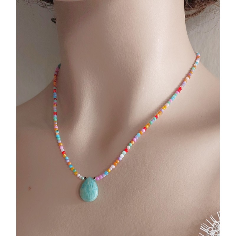 SEDEF & AMAZONİT KOLYE (2mm Küre Kesim Sedef ve Damla Amazonit)