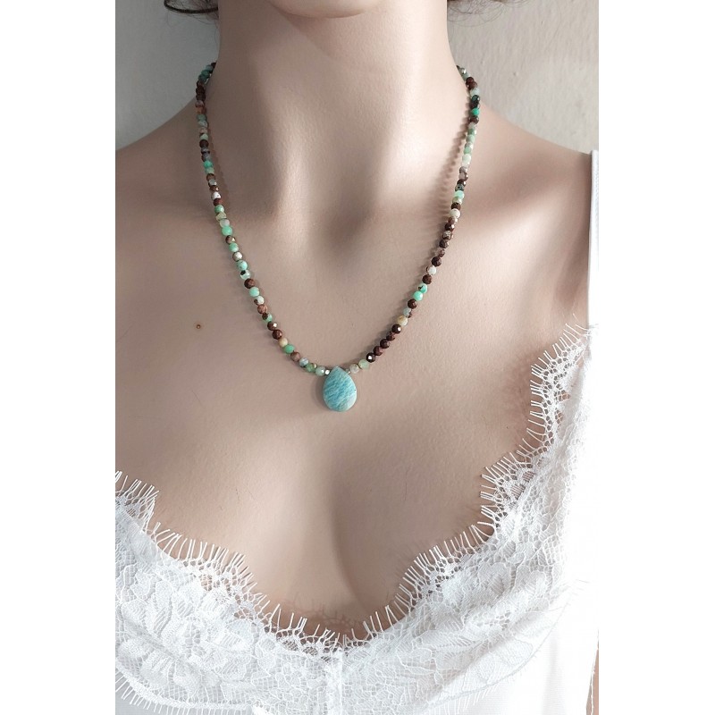 KRİZOKOL & AMAZONİT TAŞI TASARIM KOLYE (3mm Faset Kesim)