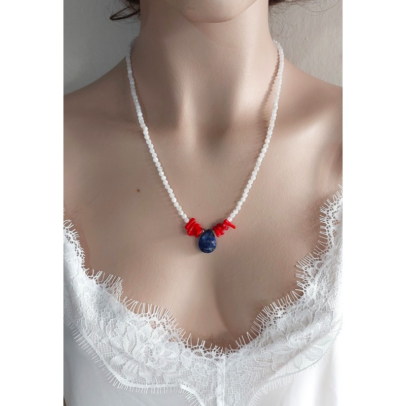 LAPİS LAZULİ DAMLA KOLYE (Mercan ve Kristal Kuvars Detaylı)