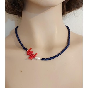 LAPİS LAZULİ - MERCAN - İNCİ DETAYLI TASARIM KOLYE (Arpa Kesim)