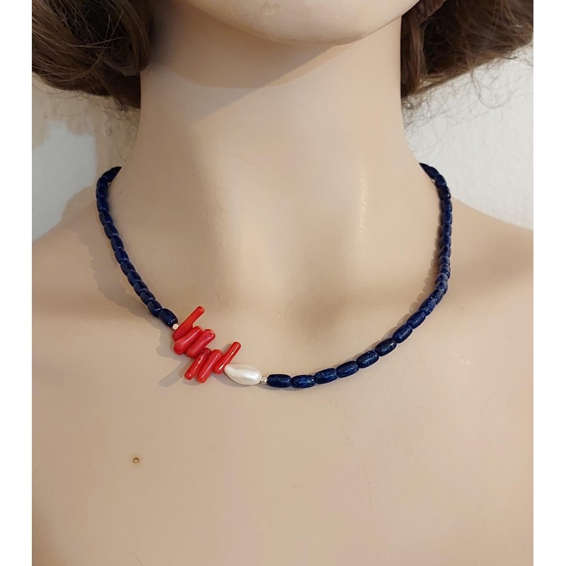 LAPİS LAZULİ - MERCAN - İNCİ DETAYLI TASARIM KOLYE (Arpa Kesim)