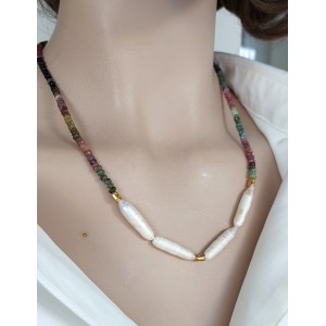 TURMALİN & İNCİ KOLYE (Çelik Aparatlı)