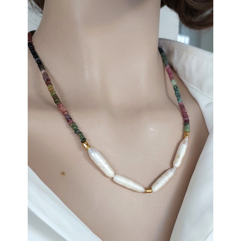 TURMALİN & İNCİ KOLYE (Çelik Aparatlı)