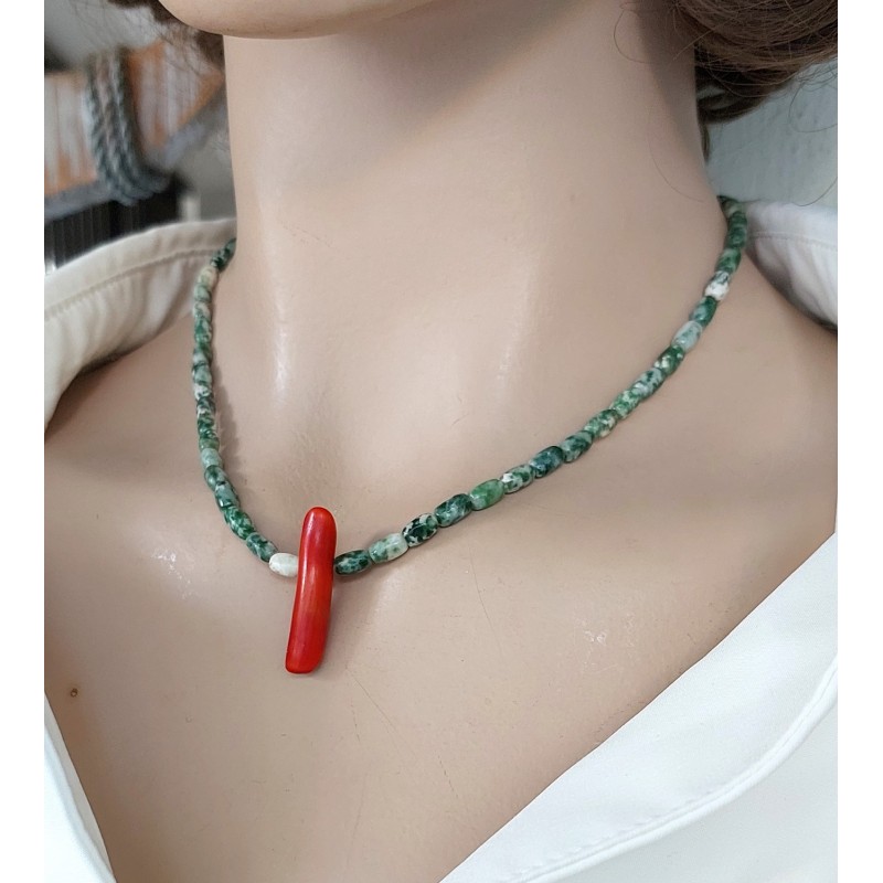 YEŞİL JASPER & MERCAN KOLYE (Arpa Kesim)