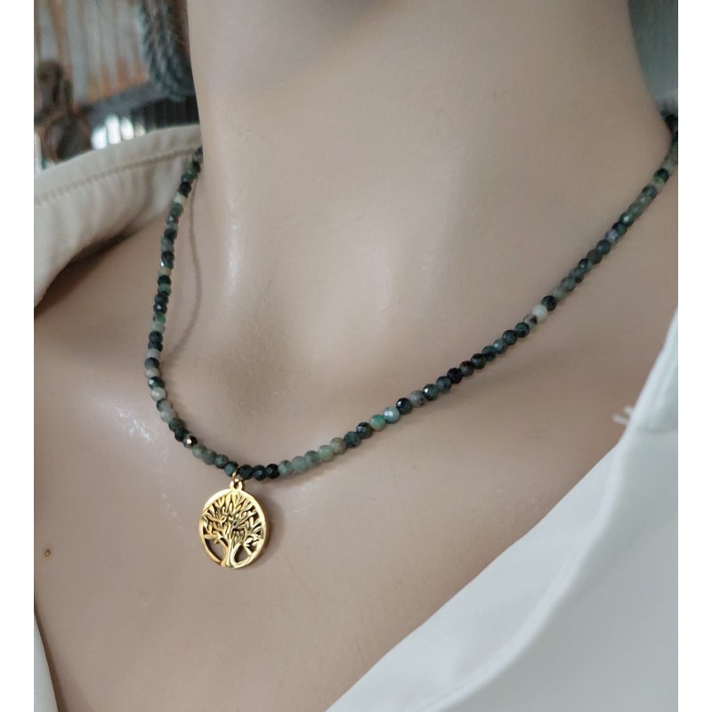 YEŞİL AKİK HAYAT AĞACI KOLYE (4mm Faset Kesim / Çelik Uç)