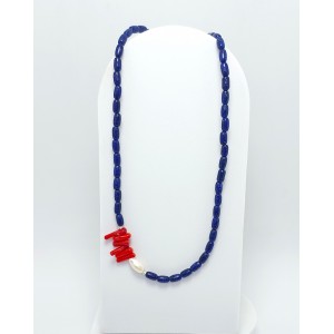 LAPİS LAZULİ - MERCAN - İNCİ DETAYLI TASARIM KOLYE (Arpa Kesim)