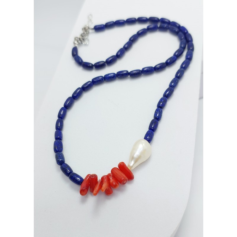 Lapis Lazuli - Mercan - İnci Tasarım Kolye (Arpa Kesim)