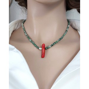 YEŞİL JASPER & MERCAN KOLYE (Arpa Kesim)