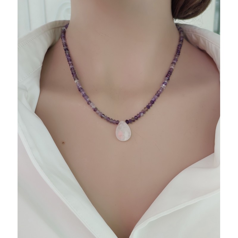 AŞK ENERJİSİ KOLYESİ - AMETİST ve PEMBE KUVARS (3mm Faset Kesim)