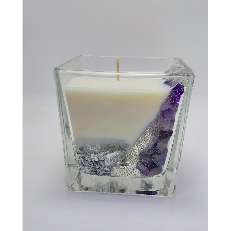 AMETİST TAŞLI GÜMÜŞ VARAKLI SOYA MUM / 630 GR
